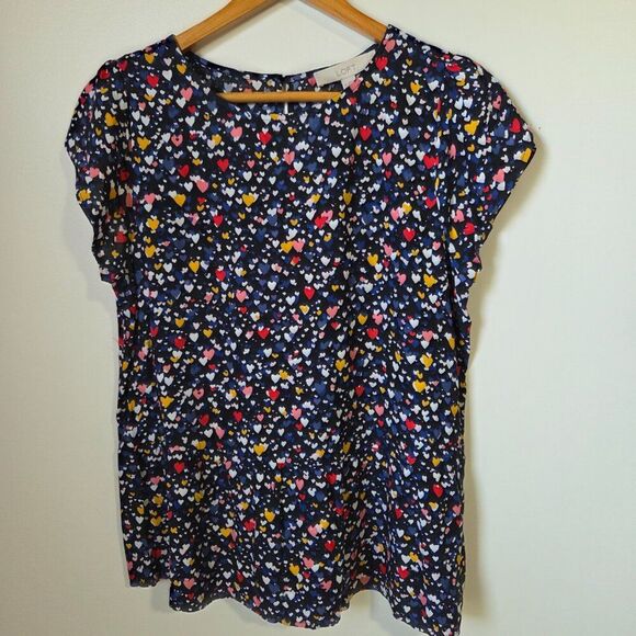 EUC LOFT HEARTS PRINT COLORFUL TOP BABYDOLL STYLE SIZE SMALL - Picture 1 of 16